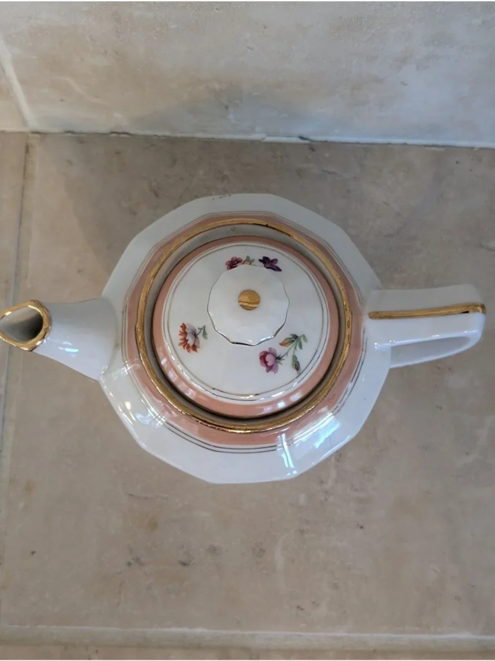 Vintage Faceted Porcelain Teapot MCM Floral Pattern Gold Gilt Trim Elegant